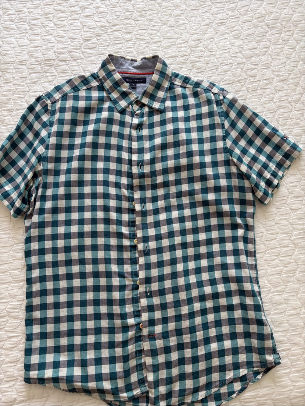 Tommy Hilfiger Teal and White Check Short-Sleeve Button-Down Shirt
